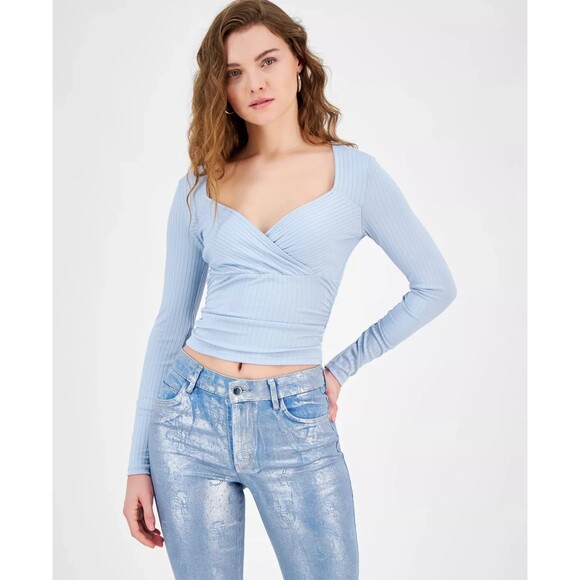 Guess Tops - GUESS Women's Long Sleeves sweetheart-neck surplice Ribbed Top Baby Blue XL